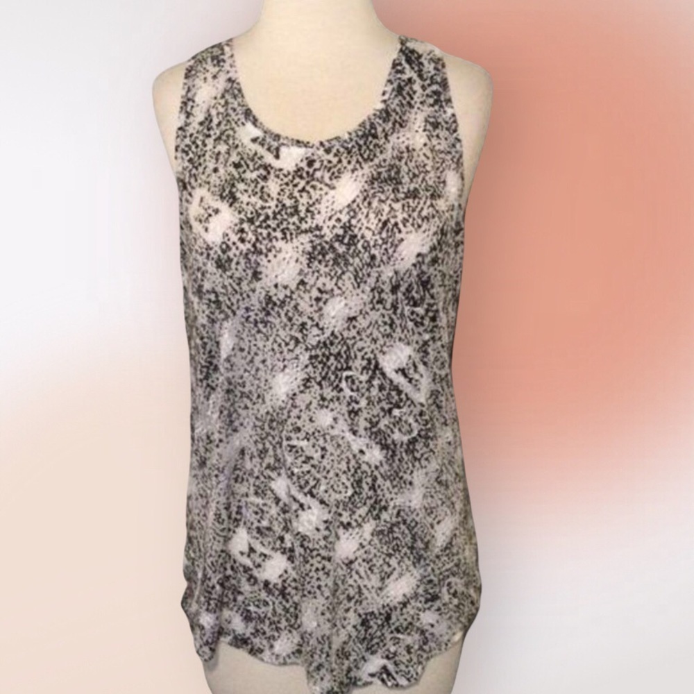 BCBGMAXARIA Semi Sheer‎ Black Gray White Print Racer Back Tank Med